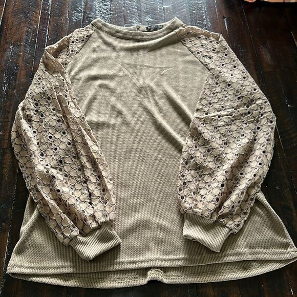 Long Sleeve Top Olive Lace Zip Back Waffle Green (251) - Picture 1 of 4